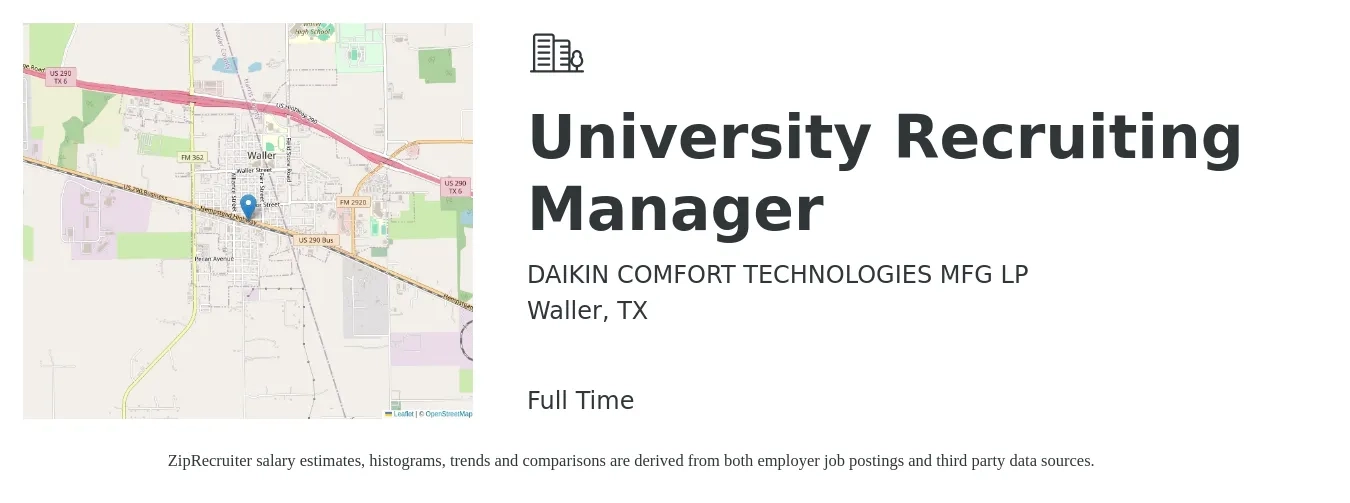 DAIKIN COMFORT TECHNOLOGIES MFG LP job posting for a University Recruiting Manager in Waller, TX with a salary of $46,200 to $71,500 Yearly with a map of Waller location.