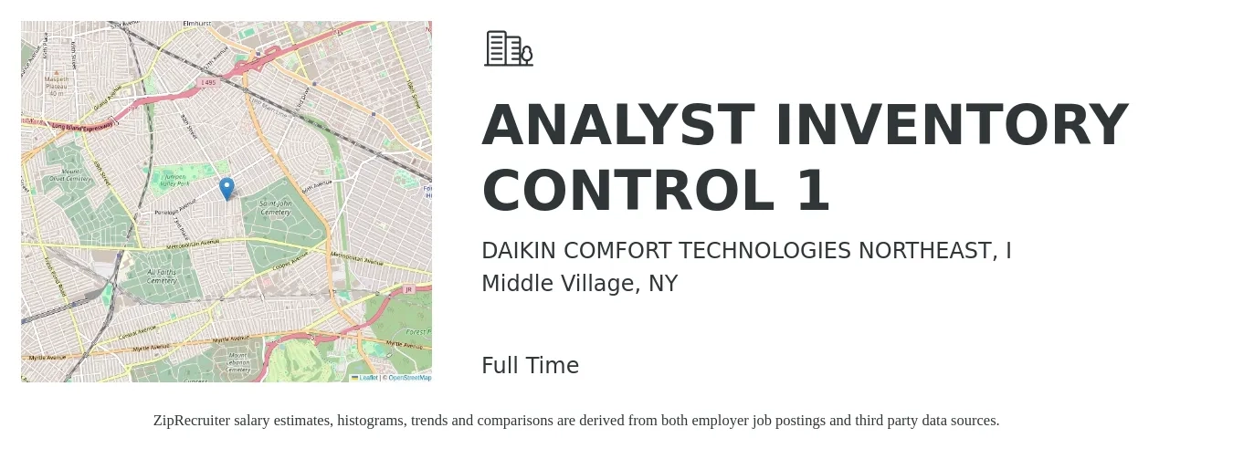 DAIKIN COMFORT TECHNOLOGIES NORTHEAST, I job posting for a Inventory Associate in Middle Village, NY with a salary of $20 to $25 Hourly with a map of Middle Village location.