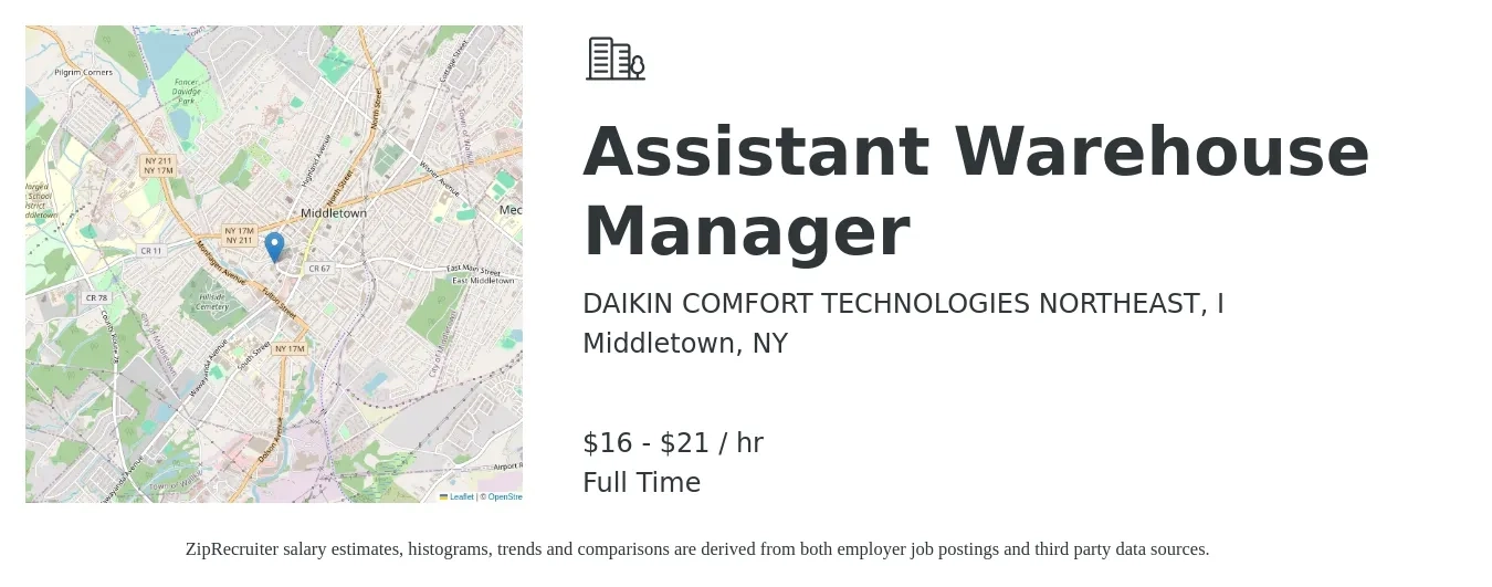 DAIKIN COMFORT TECHNOLOGIES NORTHEAST, I job posting for a Assistant Warehouse Manager in Middletown, NY with a salary of $17 to $22 Hourly with a map of Middletown location.