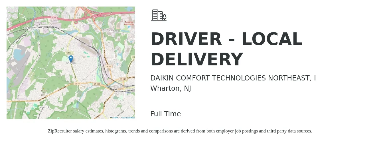DAIKIN COMFORT TECHNOLOGIES NORTHEAST, I job posting for a DRIVER - LOCAL DELIVERY in Wharton, NJ with a salary of $20 to $102 Hourly with a map of Wharton location.