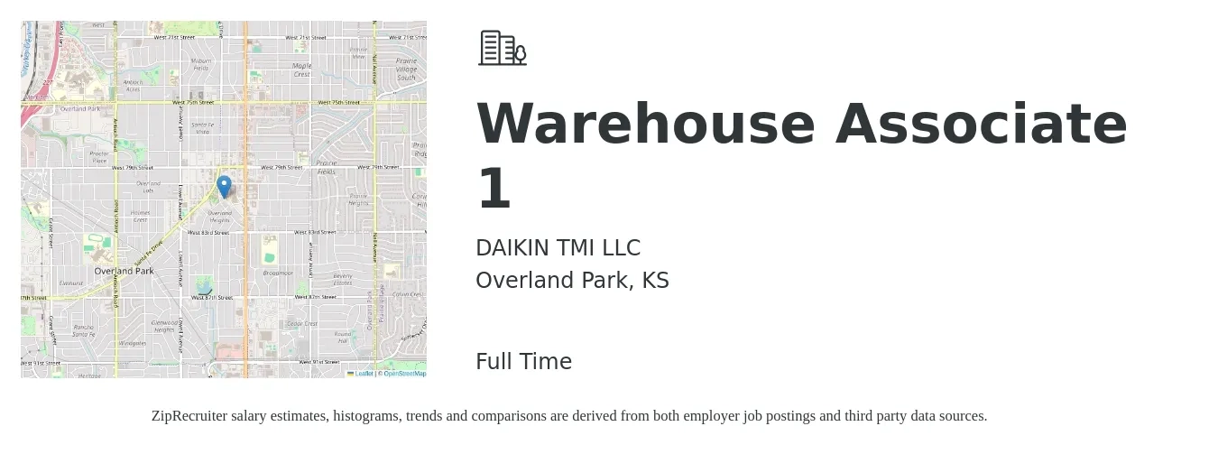 DAIKIN TMI LLC job posting for a Warehouse Associate 1 in Overland Park, KS with a salary of $16 to $18 Hourly with a map of Overland Park location.
