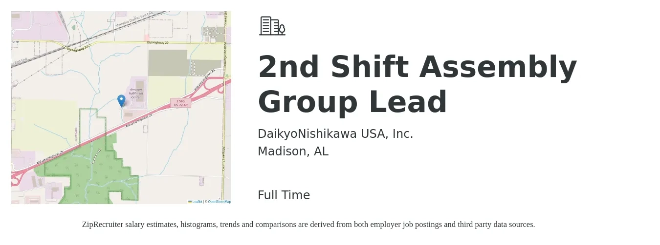 DaikyoNishikawa USA, Inc. job posting for a 2nd Shift Assembly Group Lead in Madison, AL with a salary of $22 to $33 Hourly with a map of Madison location.