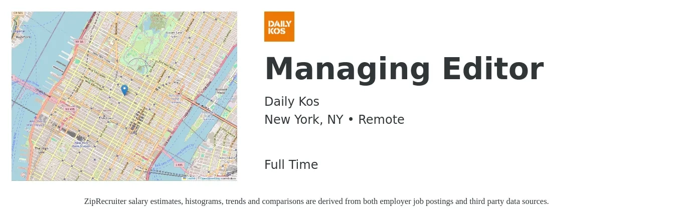 Daily Kos job posting for a Managing Editor in New York, NY with a salary of $54,500 to $103,500 Yearly with a map of New York location.