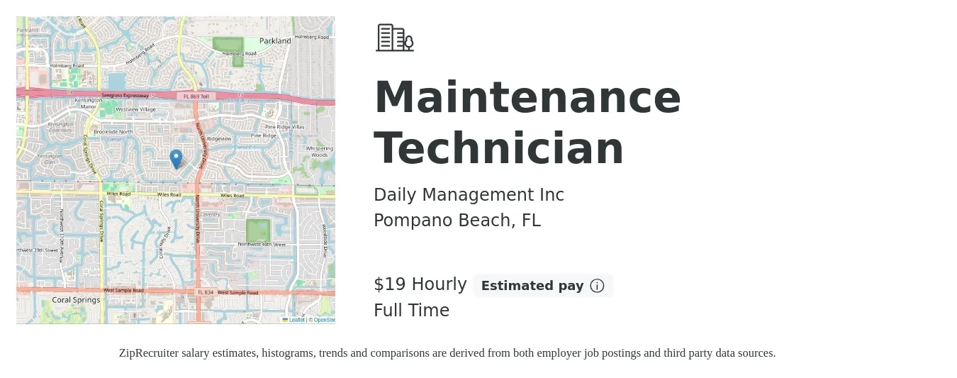 Daily Management Inc job posting for a Maintenance Technician in Pompano Beach, FL with a salary of $20 Hourly with a map of Pompano Beach location.