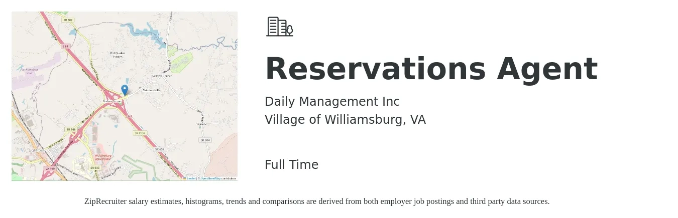 Daily Management Inc job posting for a Reservations Agent in Village of Williamsburg, VA with a salary of $14 to $18 Hourly with a map of Village of Williamsburg location.
