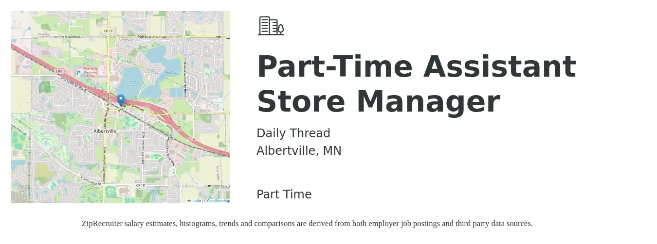 Daily Thread job posting for a Part-Time Assistant Store Manager in Albertville, MN with a salary of $16 to $22 Hourly with a map of Albertville location.