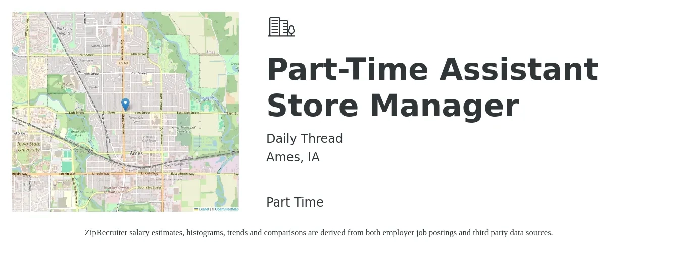 Daily Thread job posting for a Part-Time Assistant Store Manager in Ames, IA with a salary of $16 to $22 Hourly with a map of Ames location.