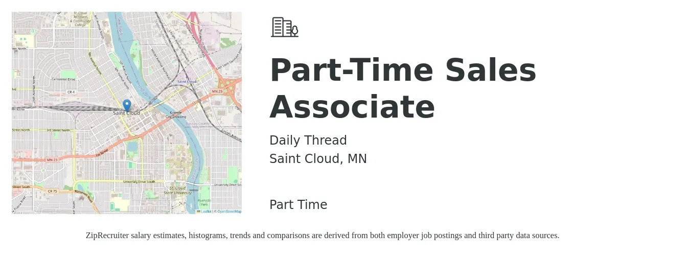 Daily Thread job posting for a Part-Time Sales Associate in Saint Cloud, MN with a salary of $14 to $19 Hourly with a map of Saint Cloud location.