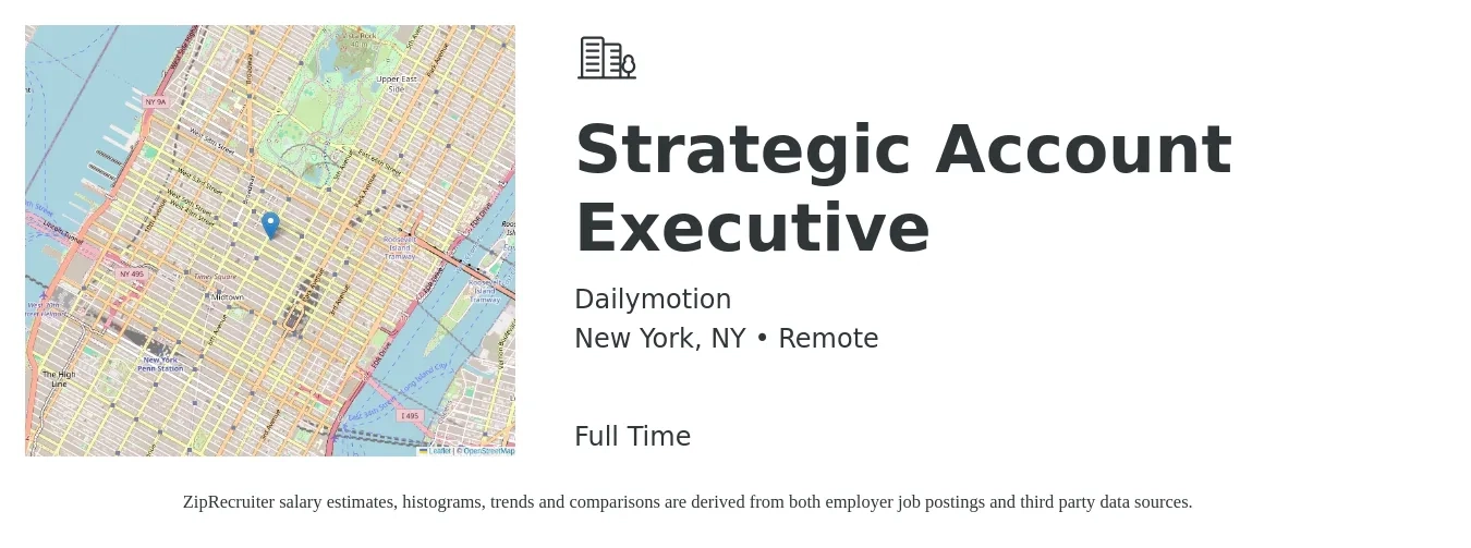 Dailymotion job posting for a Strategic Account Executive in New York, NY with a salary of $96,800 to $147,700 Yearly with a map of New York location.