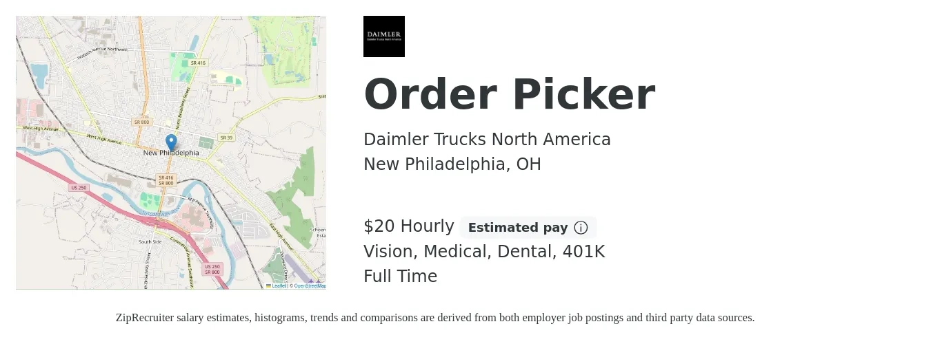 Daimler Trucks North America job posting for a Order Picker in New Philadelphia, OH with a salary of $21 Hourly and benefits including 401k, dental, life_insurance, medical, and vision with a map of New Philadelphia location.