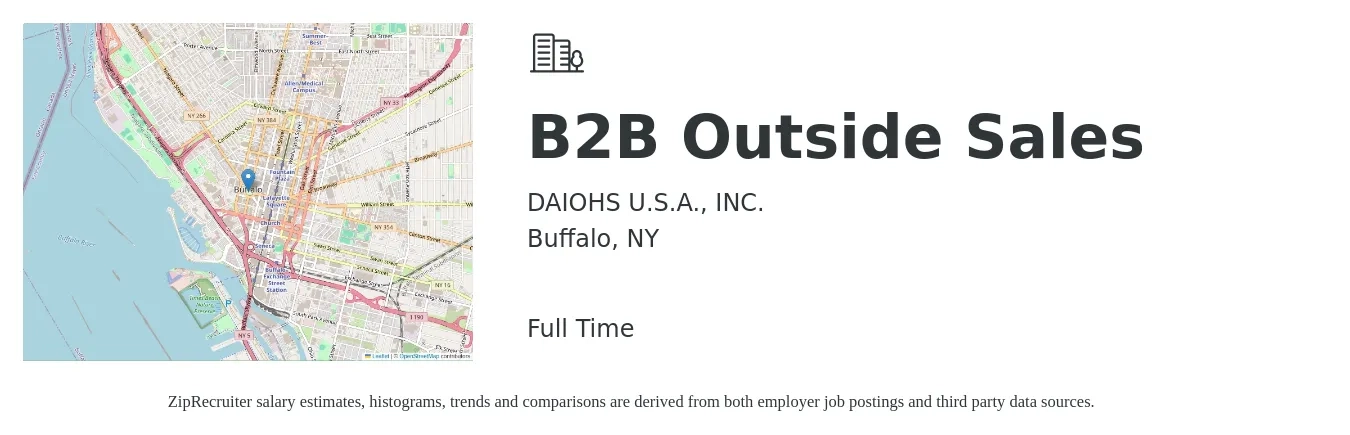 DAIOHS U.S.A., INC. job posting for a B2B Outside Sales in Buffalo, NY with a salary of $46,500 to $77,500 Yearly with a map of Buffalo location.