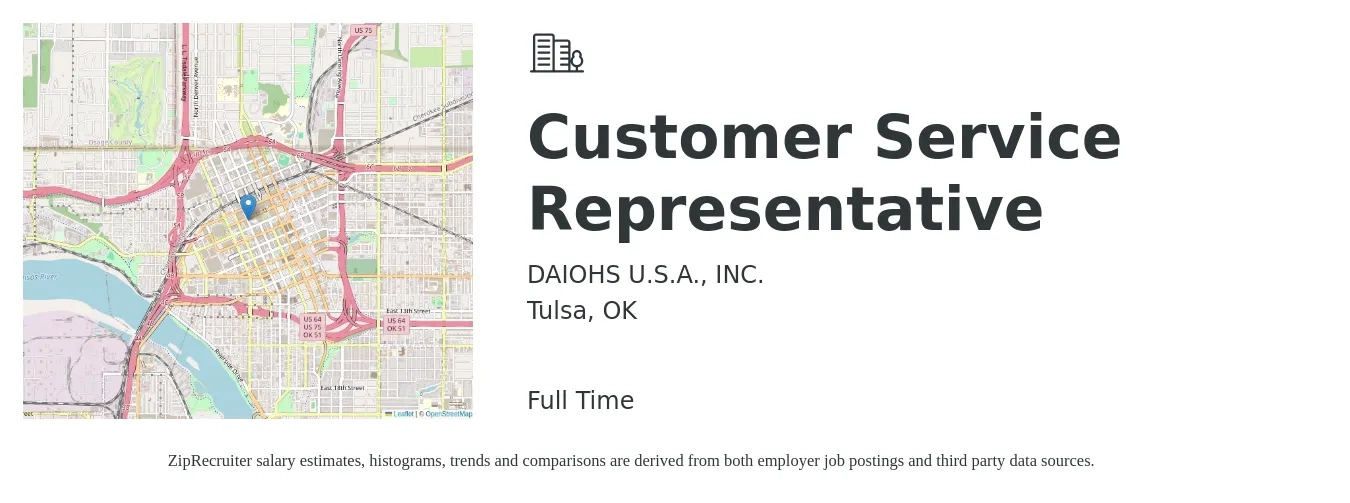 DAIOHS U.S.A., INC. job posting for a Customer Service Representative in Tulsa, OK with a salary of $14 to $20 Hourly with a map of Tulsa location.