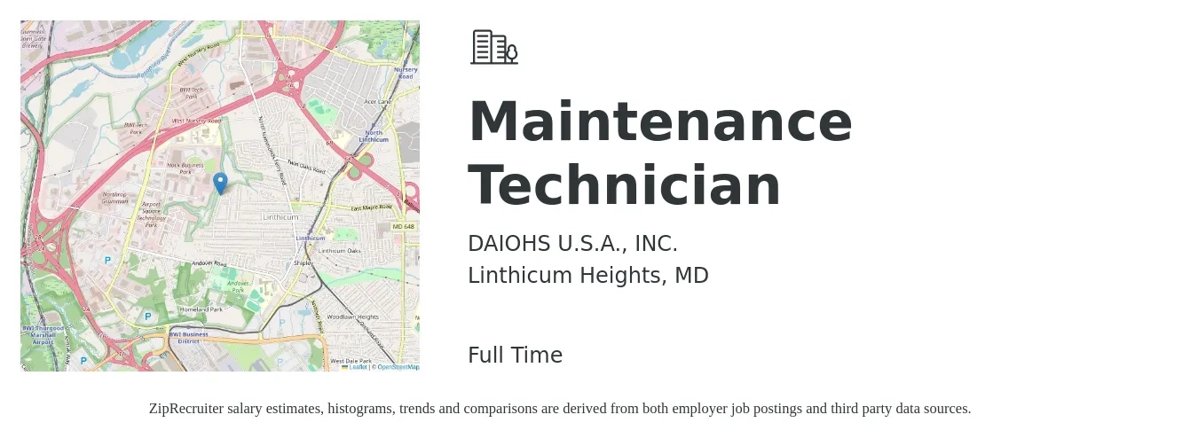 DAIOHS U.S.A., INC. job posting for a Maintenance Technician in Linthicum Heights, MD with a salary of $19 to $26 Hourly with a map of Linthicum Heights location.