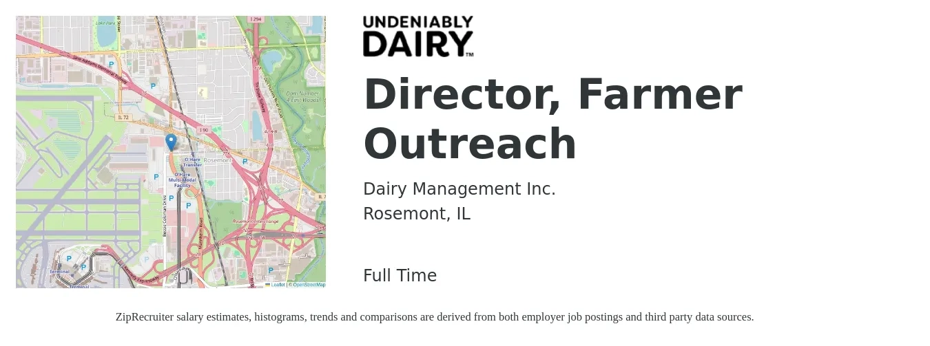 Dairy Management Inc. job posting for a Director, Farmer Outreach in Rosemont, IL with a salary of $67,000 to $99,800 Yearly with a map of Rosemont location.
