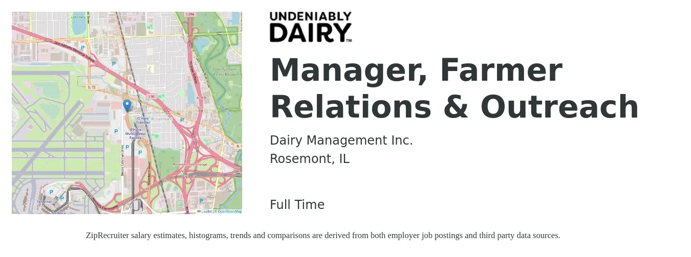 Dairy Management Inc. job posting for a Manager, Farmer Relations & Outreach in Rosemont, IL with a salary of $59,500 to $127,000 Yearly with a map of Rosemont location.