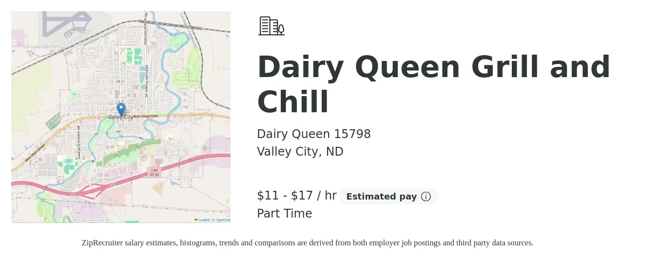 Dairy Queen 15798 job posting for a Dairy Queen Grill and Chill in Valley City, ND with a salary of $12 to $18 Hourly with a map of Valley City location.