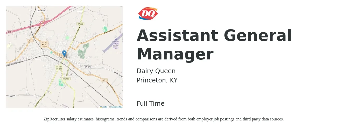 Dairy Queen job posting for a Assistant General Manager in Princeton, KY with a salary of $14 to $21 Hourly with a map of Princeton location.