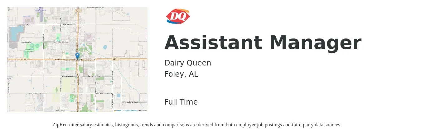 Dairy Queen job posting for a Assistant Manager in Foley, AL with a salary of $14 to $21 Hourly with a map of Foley location.