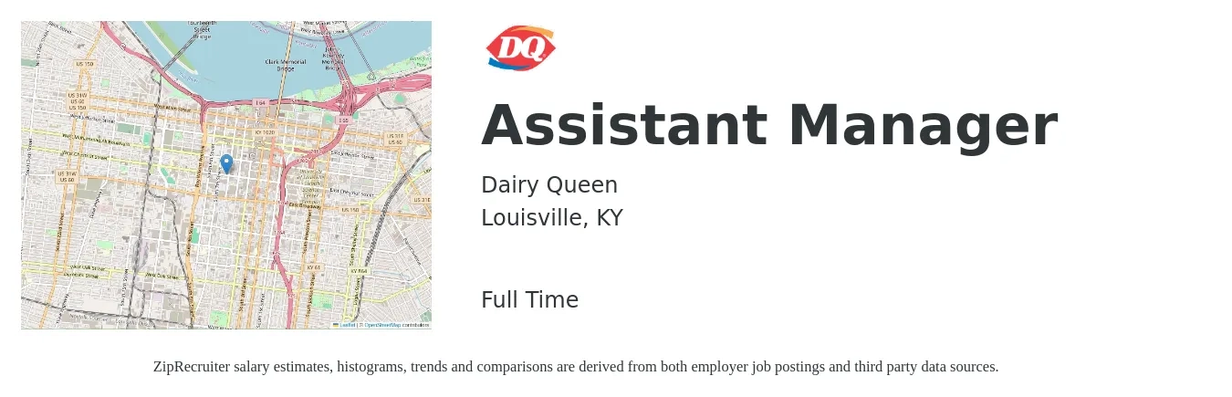 Dairy Queen job posting for a Assistant Manager in Louisville, KY with a salary of $16 to $24 Hourly with a map of Louisville location.