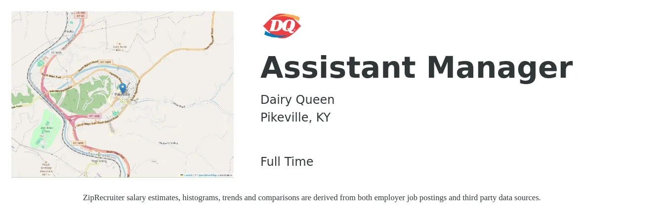 Dairy Queen job posting for a Assistant Manager in Pikeville, KY with a salary of $16 to $24 Hourly with a map of Pikeville location.