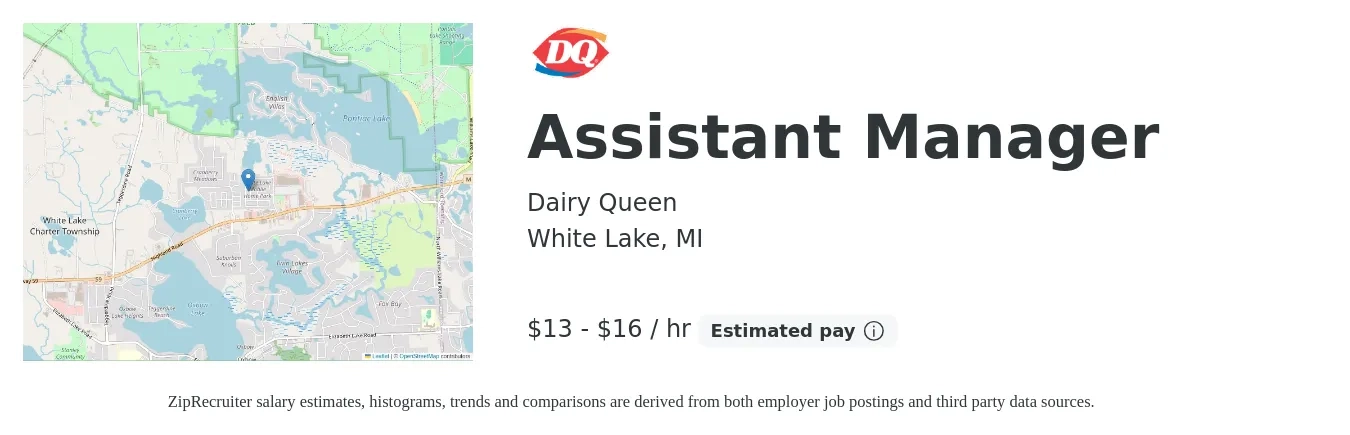 Dairy Queen job posting for a Assistant Manager in White Lake, MI with a salary of $14 to $18 Hourly with a map of White Lake location.