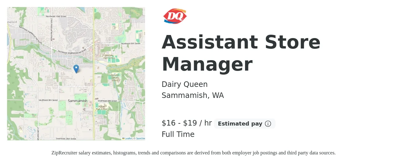 Dairy Queen job posting for a Assistant Store Manager in Sammamish, WA with a salary of $17 to $20 Hourly with a map of Sammamish location.