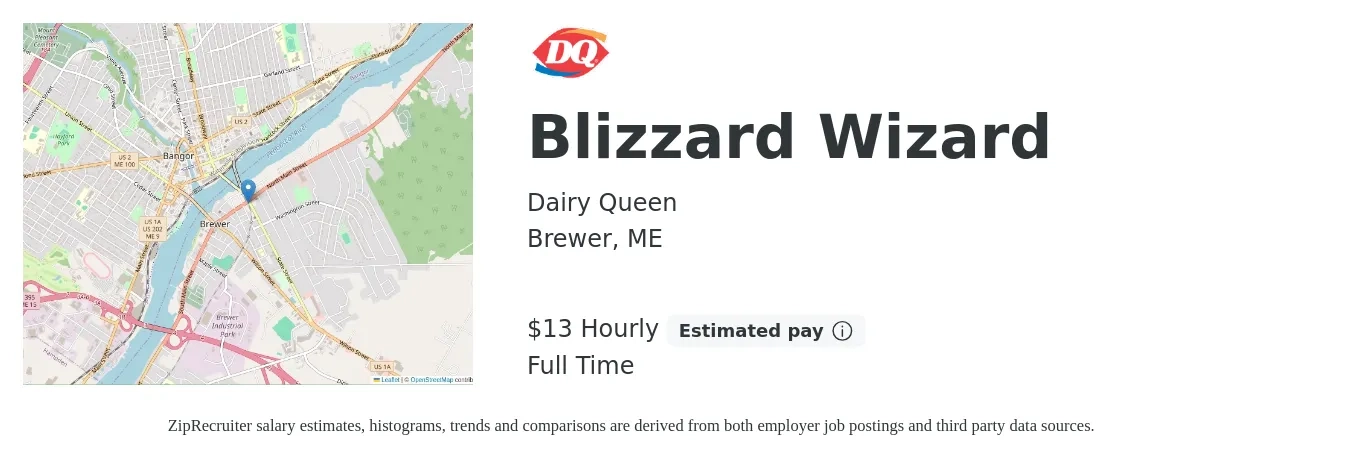 Dairy Queen job posting for a Blizzard Wizard in Brewer, ME with a salary of $14 Hourly with a map of Brewer location.