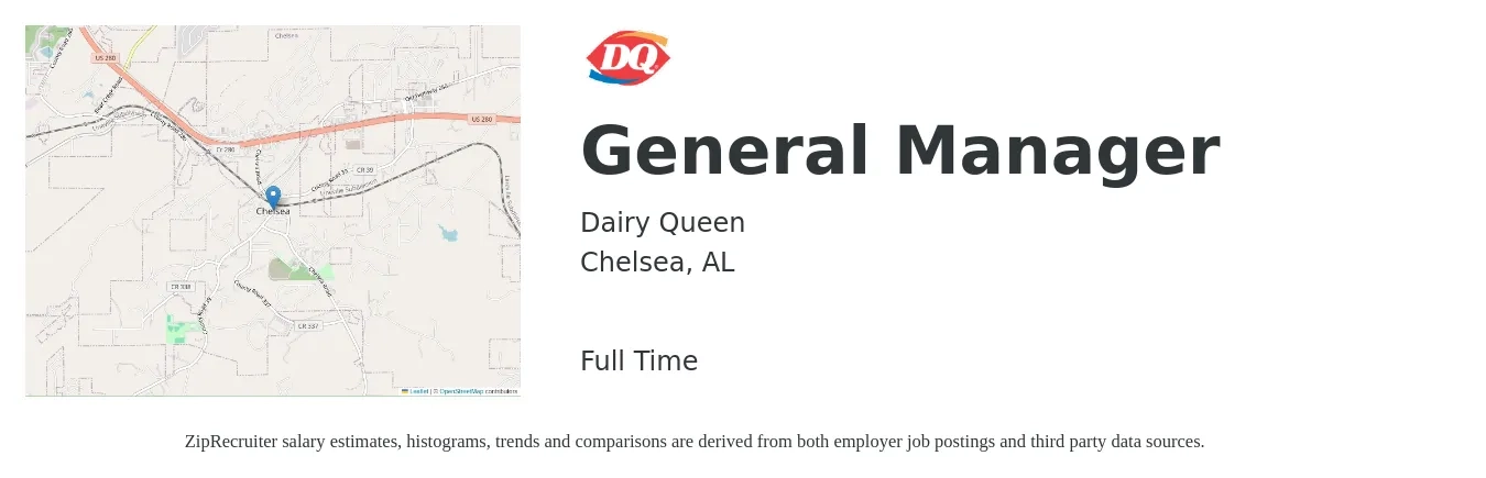 Dairy Queen job posting for a General Manager in Chelsea, AL with a salary of $44,900 to $67,100 Yearly with a map of Chelsea location.