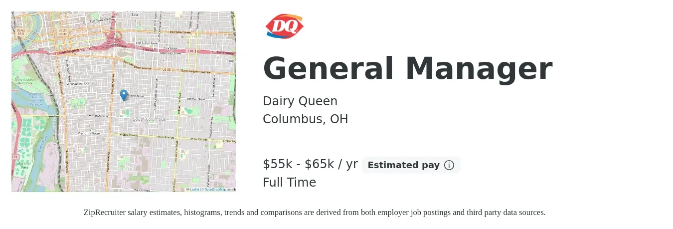 Dairy Queen job posting for a General Manager in Columbus, OH with a salary of $55,000 to $65,000 Yearly with a map of Columbus location.