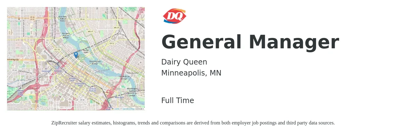 Dairy Queen job posting for a General Manager in Minneapolis, MN with a salary of $49,700 to $74,400 Yearly with a map of Minneapolis location.