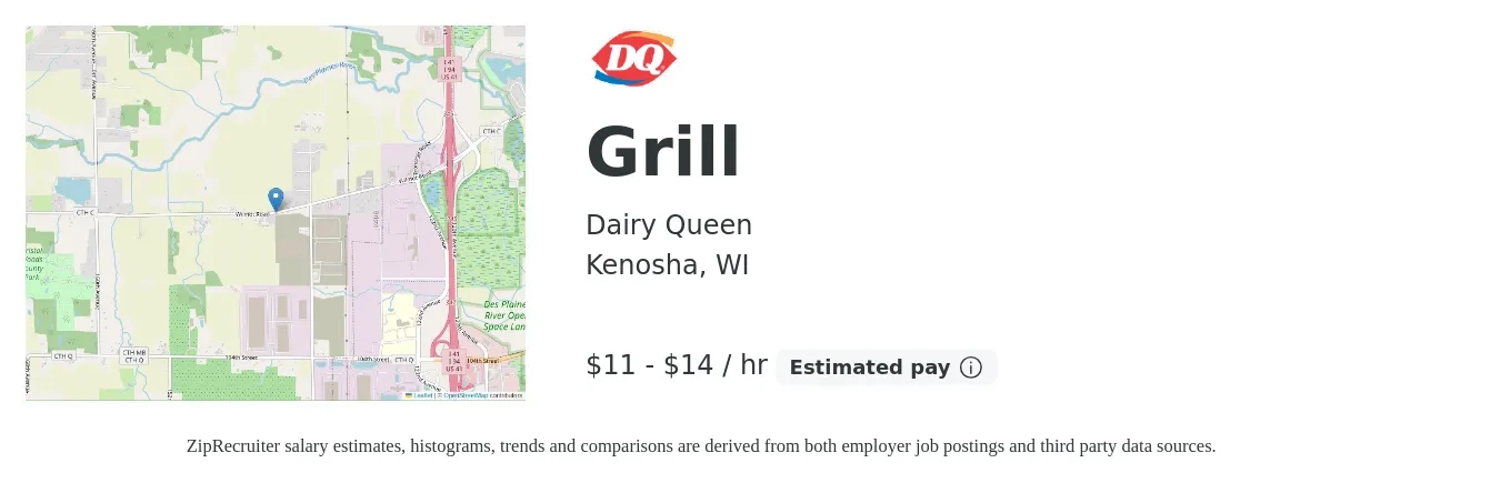 Dairy Queen job posting for a Grill in Kenosha, WI with a salary of $12 to $15 Hourly with a map of Kenosha location.