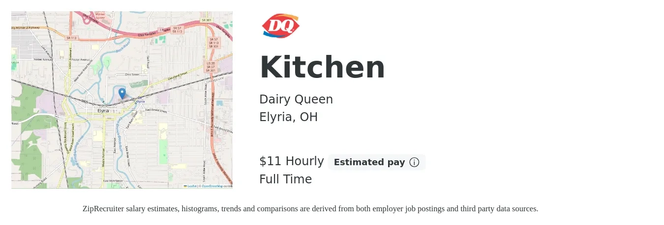 Dairy Queen job posting for a Kitchen in Elyria, OH with a salary of $12 Hourly with a map of Elyria location.