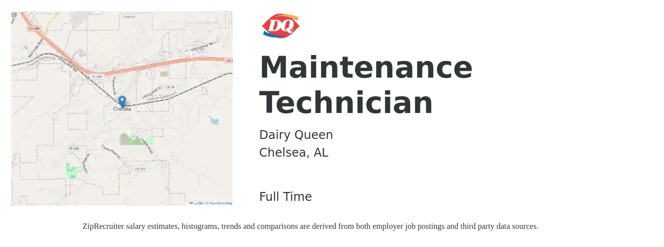 Dairy Queen job posting for a Maintenance Technician in Chelsea, AL with a salary of $18 to $24 Hourly with a map of Chelsea location.