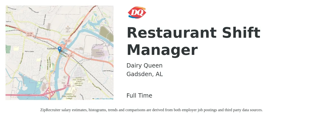 Dairy Queen job posting for a Restaurant Shift Manager in Gadsden, AL with a salary of $12 to $15 Hourly with a map of Gadsden location.