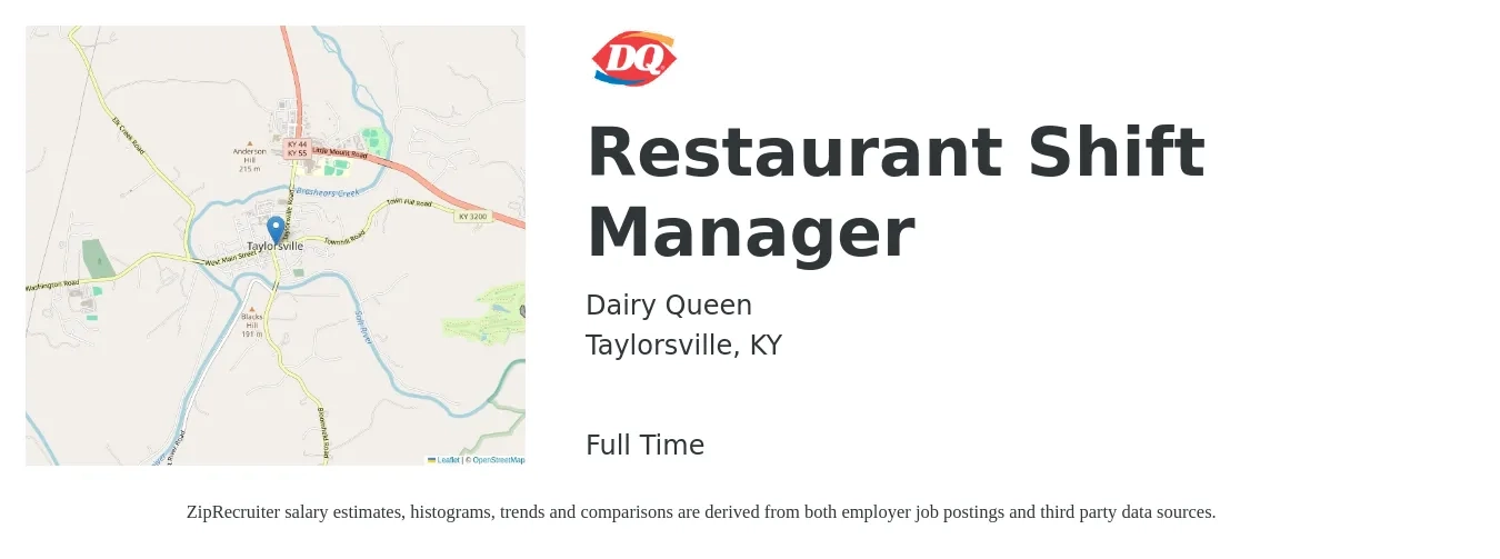 Dairy Queen job posting for a Restaurant Shift Manager in Taylorsville, KY with a salary of $14 to $17 Hourly with a map of Taylorsville location.