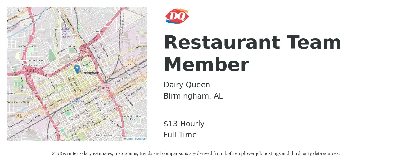 Dairy Queen job posting for a Restaurant Team Member in Birmingham, AL with a salary of $14 Hourly with a map of Birmingham location.