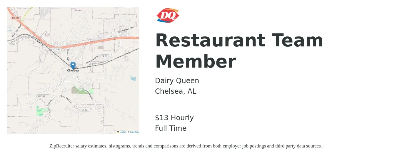 Dairy Queen job posting for a Restaurant Team Member in Chelsea, AL with a salary of $14 Hourly with a map of Chelsea location.