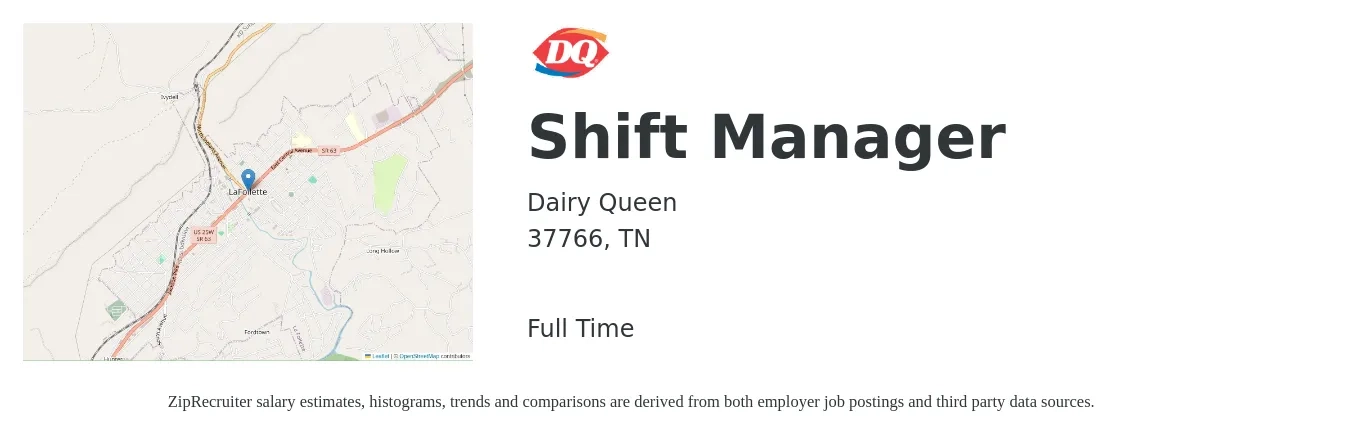 Dairy Queen job posting for a Shift Manager in 37766, TN with a salary of $14 to $18 Hourly with a map of 37766 location.