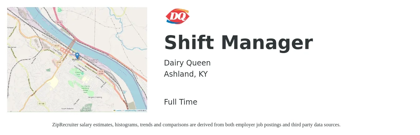 Dairy Queen job posting for a Shift Manager in Ashland, KY with a salary of $13 to $17 Hourly with a map of Ashland location.