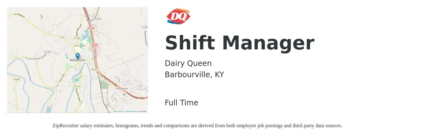 Dairy Queen job posting for a Shift Manager in Barbourville, KY with a salary of $12 to $16 Hourly with a map of Barbourville location.