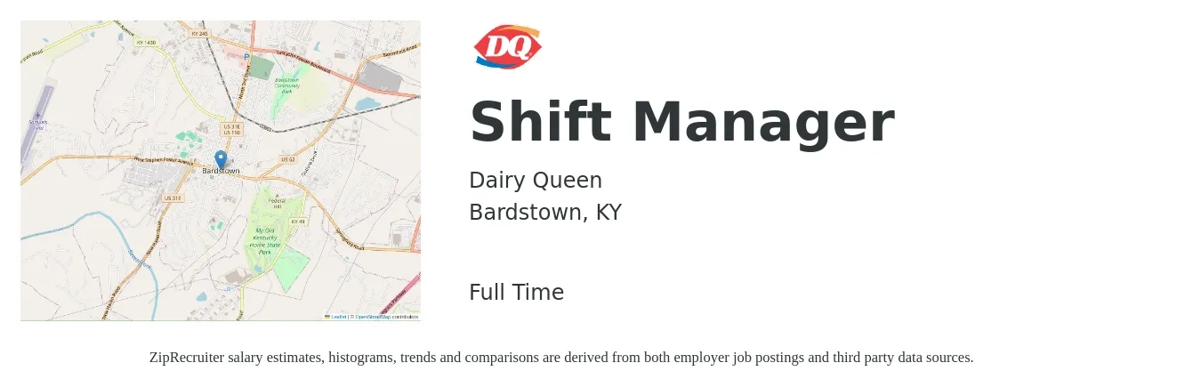 Dairy Queen job posting for a Shift Manager in Bardstown, KY with a salary of $13 to $17 Hourly with a map of Bardstown location.