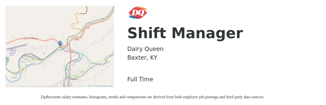 Dairy Queen job posting for a Shift Manager in Baxter, KY with a salary of $13 to $17 Hourly with a map of Baxter location.