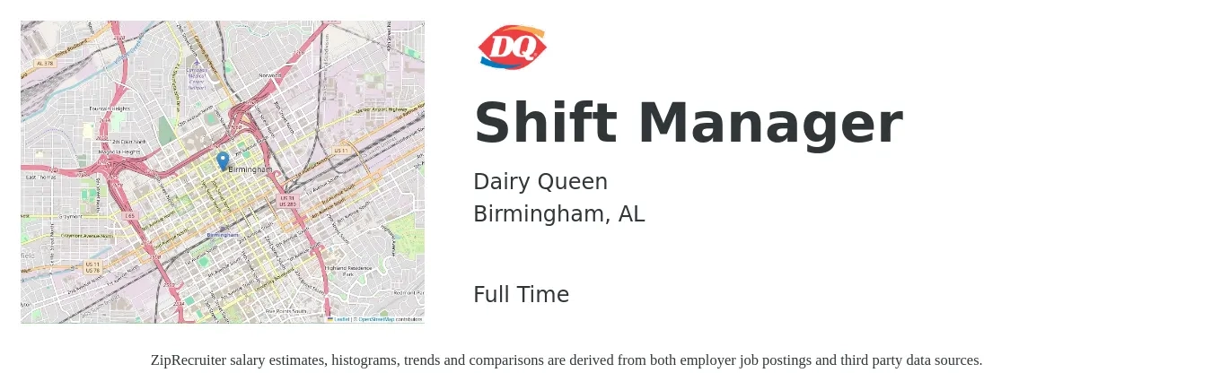 Dairy Queen job posting for a Shift Manager in Birmingham, AL with a salary of $13 to $16 Hourly with a map of Birmingham location.