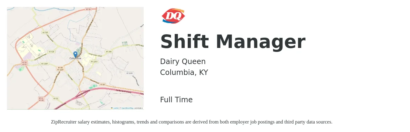 Dairy Queen job posting for a Shift Manager in Columbia, KY with a salary of $13 to $16 Hourly with a map of Columbia location.
