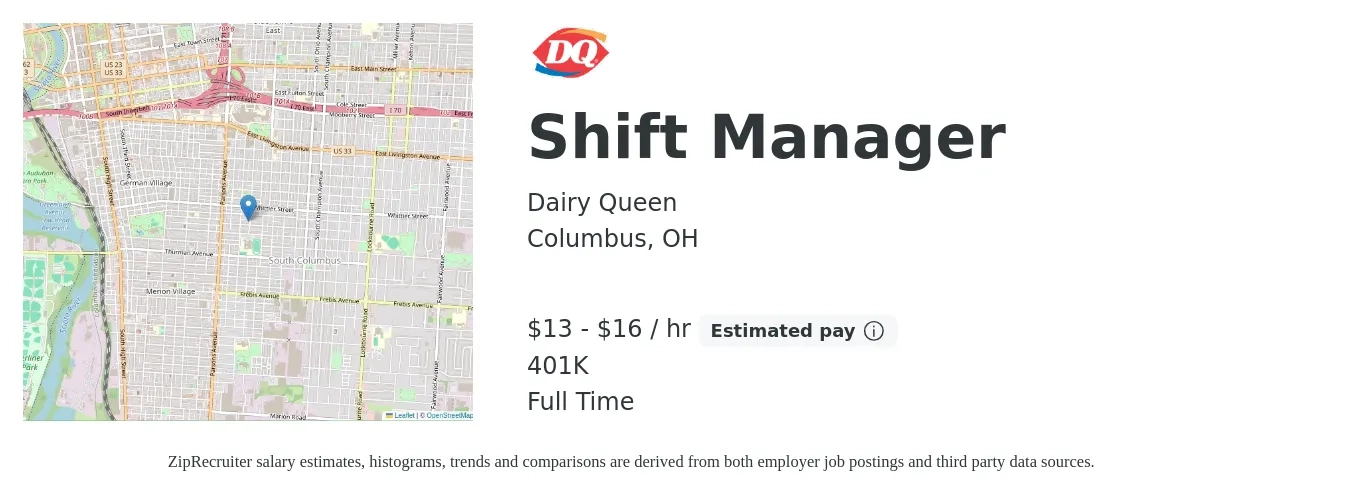 Dairy Queen job posting for a Shift Manager in Columbus, OH with a salary of $14 to $17 Hourly and benefits including 401k with a map of Columbus location.