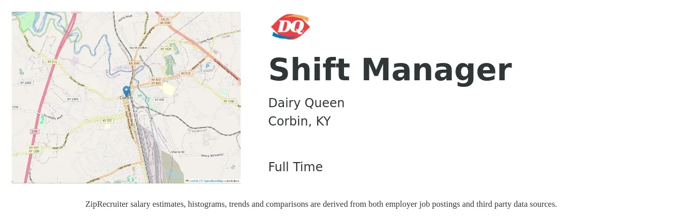 Dairy Queen job posting for a Shift Manager in Corbin, KY with a salary of $15 to $19 Hourly with a map of Corbin location.