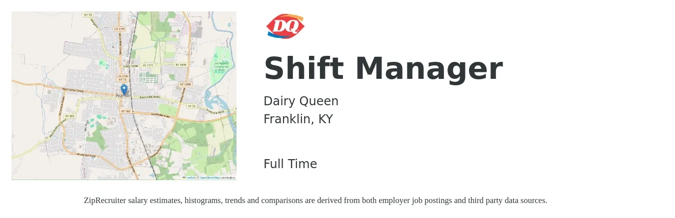 Dairy Queen job posting for a Shift Manager in Franklin, KY with a salary of $13 to $16 Hourly with a map of Franklin location.