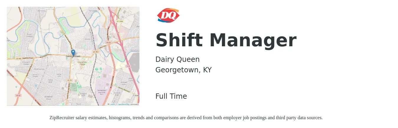 Dairy Queen job posting for a Shift Manager in Georgetown, KY with a salary of $14 to $17 Hourly with a map of Georgetown location.