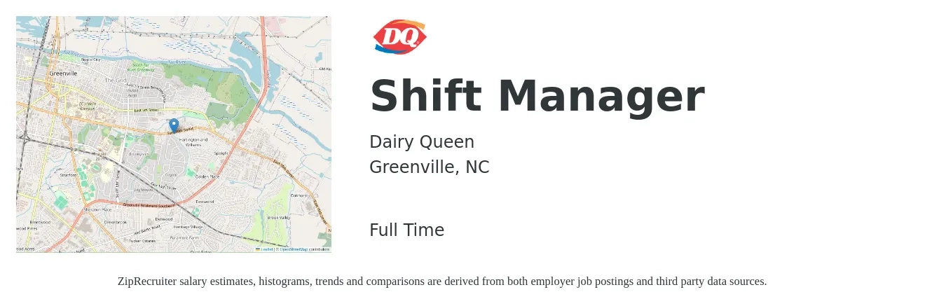 Dairy Queen job posting for a Shift Manager in Greenville, NC with a salary of $14 to $18 Hourly with a map of Greenville location.