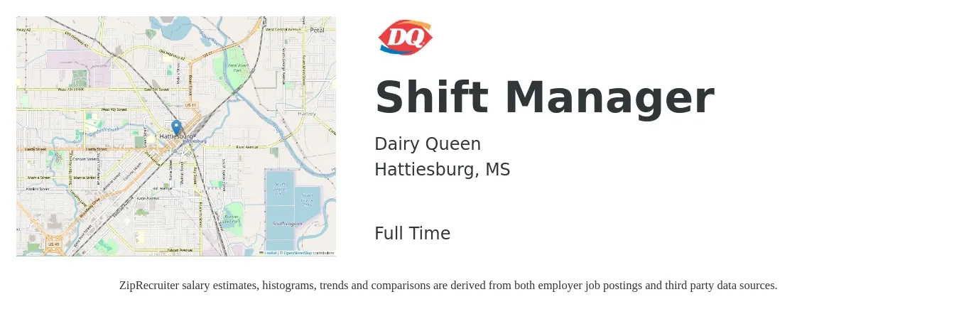 Dairy Queen job posting for a Shift Manager in Hattiesburg, MS with a salary of $12 to $14 Hourly with a map of Hattiesburg location.